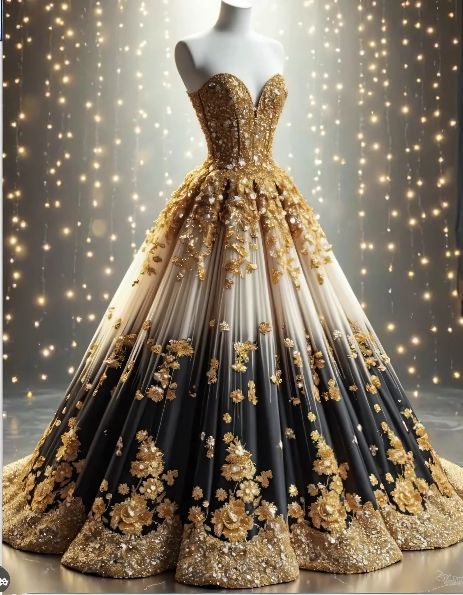 A magnificent black and gold ball gown adorned with sparkling sequins, featuring an intricate design of golden flowers on the skirt that shimmer under soft lighting. The dress is displayed against a backdrop of twinkling stars, creating a dreamy atmosphere.