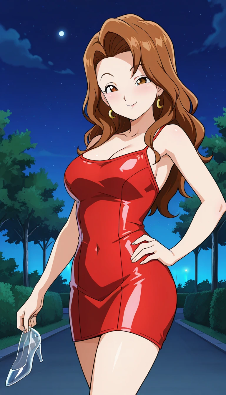 Selfie shot, detailed face, upper body view, detailed body, 4k, Sumergai Lee Noriega, best quality, anime style, hires, highest definition, digital blending, bold drawing lines, ((), (slender body), mature woman, (female wrestler, red chinese dress), cheerful, gorgeous, smile, (closed mouth), (pale skin, shiny skin, lighting and shadow), (cleavage), (clean face), (warming up), closed fists, (brown hair, curly hair, long hair), 27 years old, sexy, armpits, sweaty armpits, cleavage