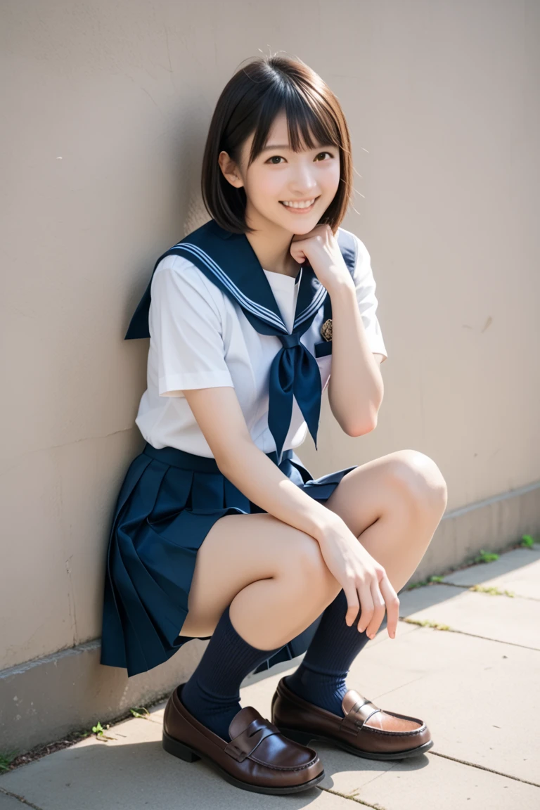8 old very short girl skirt (in 8K、RAW Photos、top-quality、masterpiece:1.2), (realisitic、Photorealsitic:1.37), ultra-detailliert, high resolution, 1girl in, a closeup, Raw feet, A dark-haired, black eyes, japanese, color contact lens, (beautiful legs:1.3), (slender girl:1.4), a beauty girl, (Thin legs:1.3), a sailor suit, , high-school girl, JK, Ultra mini skirt, Dark blue pleated skirt, Short socks, Tri-fold socks, white sock, (short sleeves:1.3), (black loafers shoes:1.3), Full body, peeing A smile、a miniskirt、beauty legs、bare-legged holding pee in face