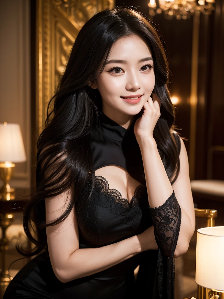 Pure young Japanese girl, wearing dark color classical suits and skirts, (lace panty), (stockings), vivid makeup, natural black hair styles, sitting in antique gothic style rooms, sweet smile, secret temptations, professional portrait photography, 
