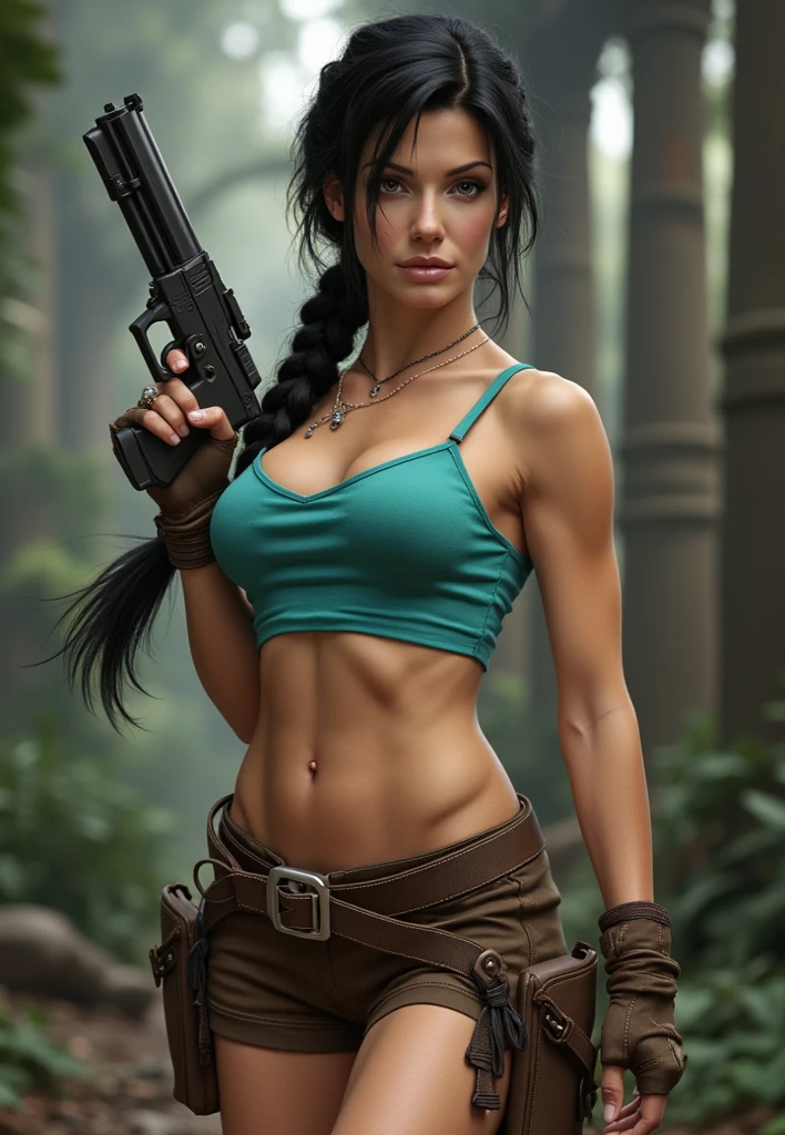 download on e621, solo, cosplay of (beautiful female:1.3), (Meru, Merunyaa:1.2), (devil-girl),  ( face of Angelina Joli ),  ( fit, abs),  (busty),(Large erect breasts:1.2),(huge chests),erect nippleslips,  slim waist, cameltoe, (red hair),redhead, long braid, freckles ( Meru | Lara Croft ), (female),(female body),  (slim sports body), sports tummy, BREAK
red body, (1demon tail),  ( kemono :0), (red burned skin), shining oily skin, (2short horns), Half-nude,  BREAK
( khaki shorts:1.2 ),  BREAK 
(lightblue crop top:1.2), (free croptop bottom:1.2), [[slim swimsuit]], BREAK
( 2pistolholsters on her both thighs ), (thigh knife strap), wide belt, leather straps on hips and biceps,    
( 1small backpack on her back:1.2), army boots,  black leather tactic fingerless gloves, BREAK
( (red) round glasses :1.2), (red glasses),  BREAK
ancient medallion around the neck (between her boobs),
    
(body portrait),              
(detailed eyes, detailed cat-pupils, yellow eyes, glowing eyes), BREAK
outdoors,   
tomb raider, in ancient tomb, light of torches,
on darkness background, reflections of lights,   
(particles ,firefly,soft blue glowing, bioluminescence ),romantic mood, BREAK
seeker of adventures, tomb raider,

 seduct, serious look,   BREAK
beautiful face, face makeup, detailed plump lips, long eyelashes,
masterpiece, best quality, detailed background, photorealistic, realism, sharp focused pupils, realistic hands, 8k HD, high res, hi-res, 
(dark shadows, wide dynamic range, hdr, low light:1.2),
by Pino Daeni, by ruaidri, by virtyalfobo, by Kenket, (by iskra, by darkgem, by merunyaa),