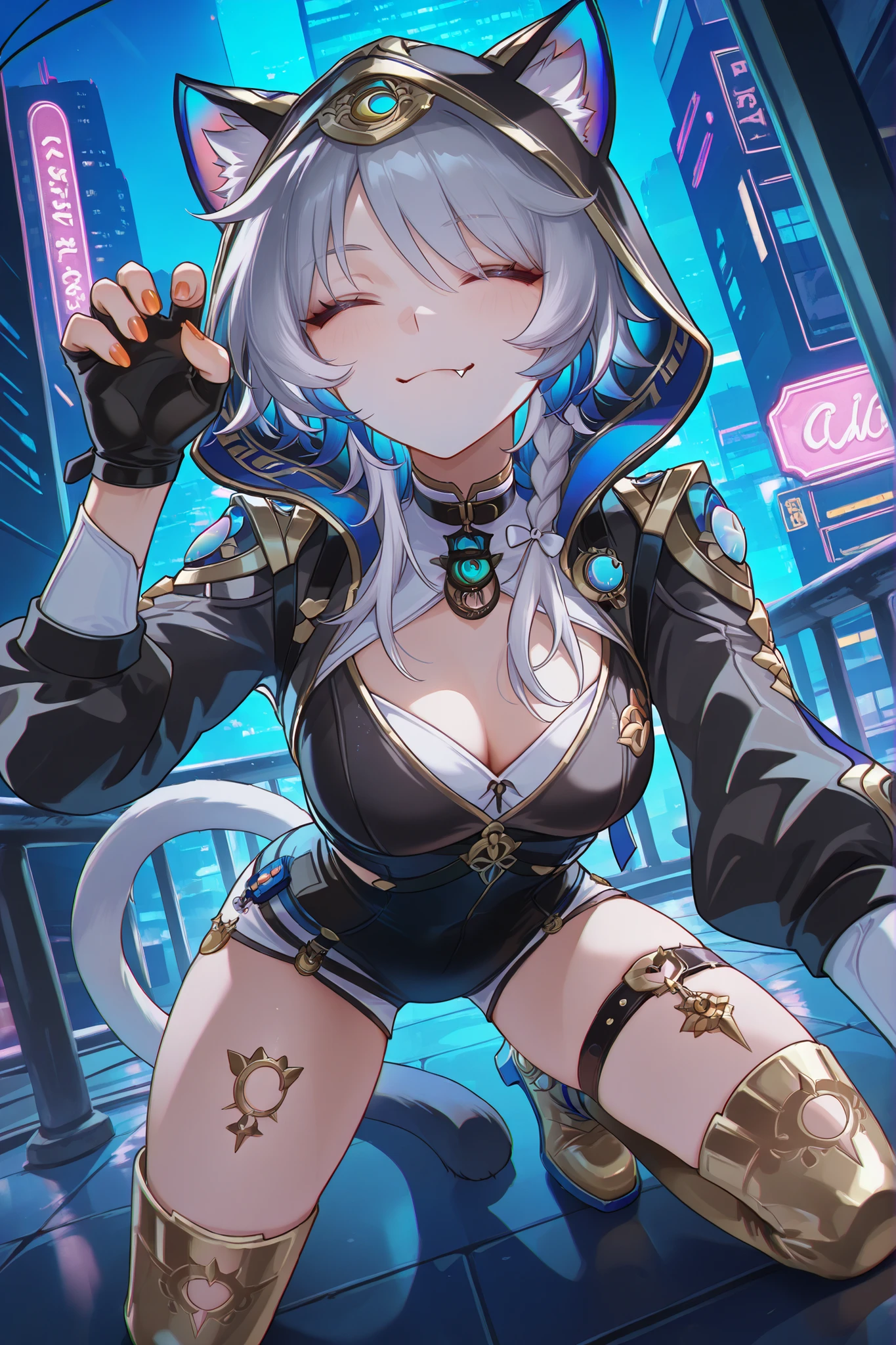 Cipher \(honkai_star_rail\), masterpiece, solo, 1girl, NSFW , chromatic aberration, extremely detailed face, detailed eyes, Greatest Masterpiece, TOP QUALITY, 8k,fingerless gloves , hood , looking at viewer , single thigh strap , medium breasts , hood up , cat girl , braid , thigh boots , long sleeves , fingerless gloves , black gloves , gold boots , orange nails , cat ears , fang , smirk , naughty_face , running , night , dark , game cg , roof , neon lights , patio , skyscraper , dutch angle , cinematic_angle , dynamic_angle , cowboy_shot , Kneeling, legs spread, mouth open, paw pose, closed eyes,