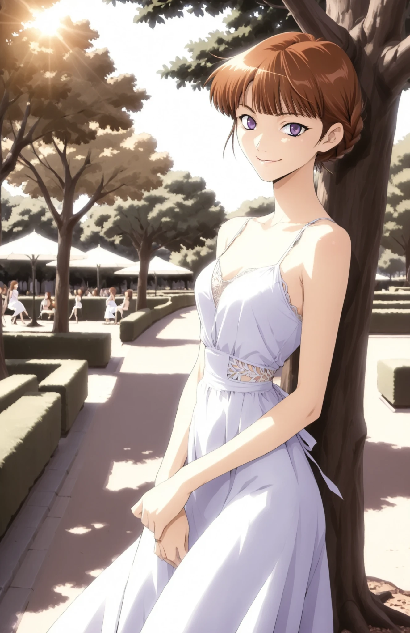 A slender woman with very short red-brown bangs cut at eyebrow level lace braid hair tied back, violet eyes, sly smile, wearing a summer dress, outside in a park under a tree, natural lighting, in full view in a highly detailed anime style