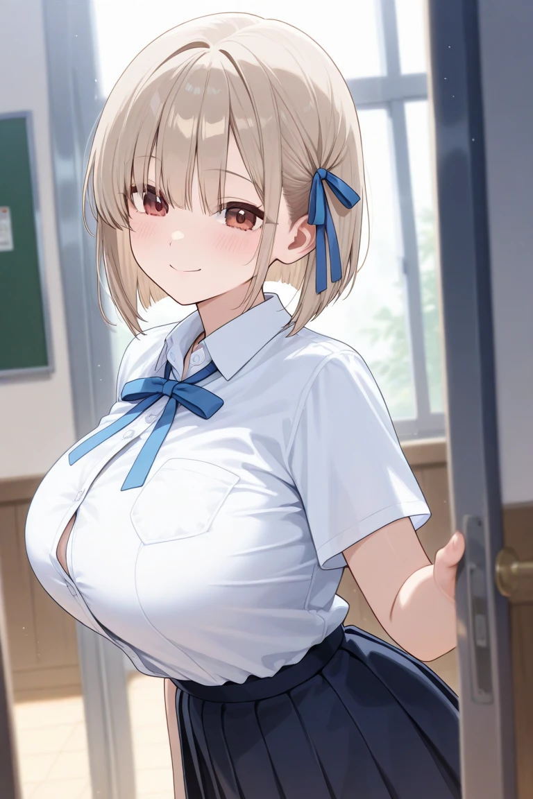 masterpiece、best quality、detailed、1 female、18-year-old、blue eyes、blonde、black skin、(((oil skin))),shiny skin, short hair、White transparent oversized big shoulder shirt、Seductive thighs、big breasts、big breasts、high socks, POV, woman standing at cash register、A woman who went shopping、上からのアングル、恥ずかしい顔、正面からの、上目遣い、背景ボケ、コンビニのレジ、コンドームを買いに来た女の子