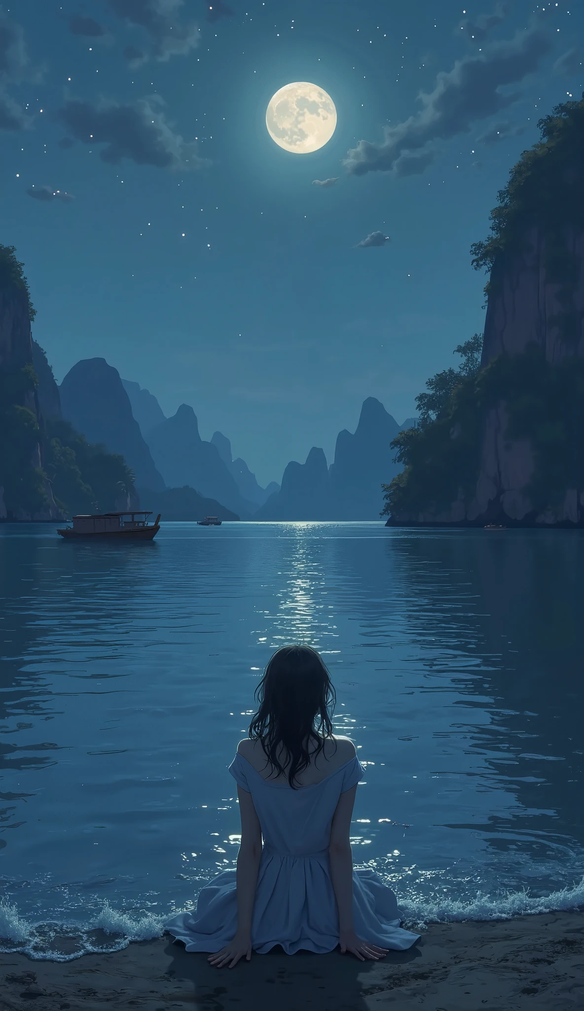  I'm imagining、  Vietnamの  night view、Halong Bay、  night viewとともに、  Vietnam、moon明かりで視界が良く良い景色、moon、Bay in front of the sea、quiet night、Digital Illustration、4K high-definition digital art、  night view、 Anime Art 4K Wallpaper 、 Anime Art 4K Wallpaper 、4K detailed digital art、 natural scenery at night  、 Anime Art Wallpaper 8K 、  background artwork、 Stunning 4K Art、4K HD illustration wallpaper woman sitting and crying with anxiety 