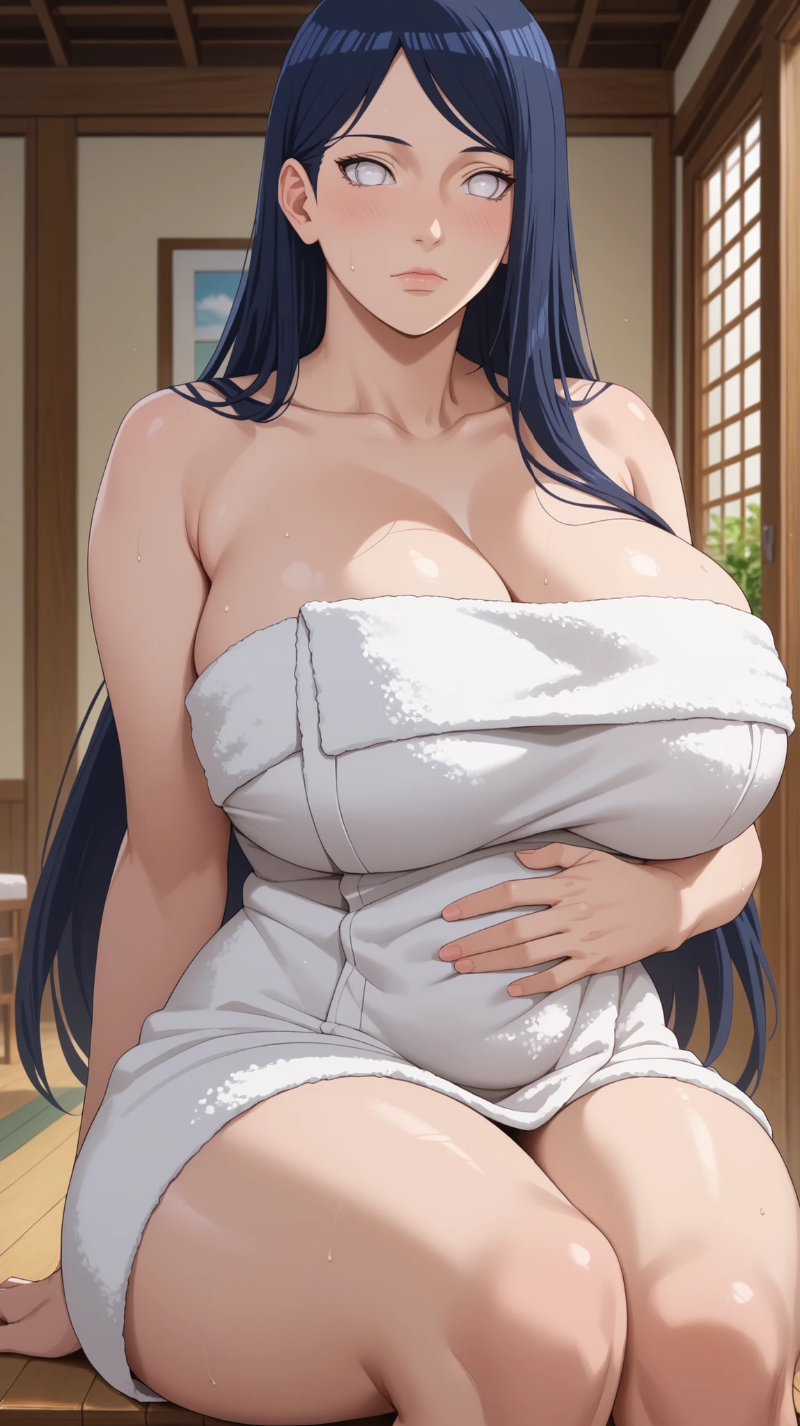 Score_9, Score_8_up, Score_7_up, Score_6_up, Score_5_up, Score_4_up, Tag1, Tag2, Quality_masterpiece, Absurd res, Anatomically correct, Beautiful face, Perfect face, Highly detailed beautiful face and eyes, Attractive face, Detailed face, Delicate facial features, Detailed skin, Assertive female, (Huge Breasts),Thick thighs, Glamor, Curvy, Plump, Alternate Modern Universe Of Naruto Series, Hinata_Hyūga's, Dark Blue Hair, White Eyes, Long Hair, Sitting, Wearing Towel, After Having Sex With Uchiha_Sasuke's Scene, Hand On Stomach, carrying Uchiha_Sasuke's Offspring, Tired Happy Expression, 5-Month-Old Pregnancy.