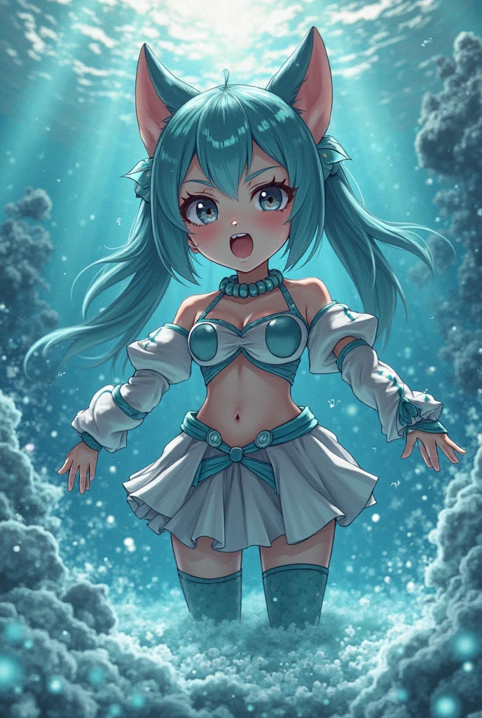 masterpiece, highest quality, solo, A young but chubby three year old girl with light blue curls cascading onto her back - of course with matching blue cat ears and a fluffy tail. Big Brown eyes. Wearing diaper. Baby. Background is cutesy.