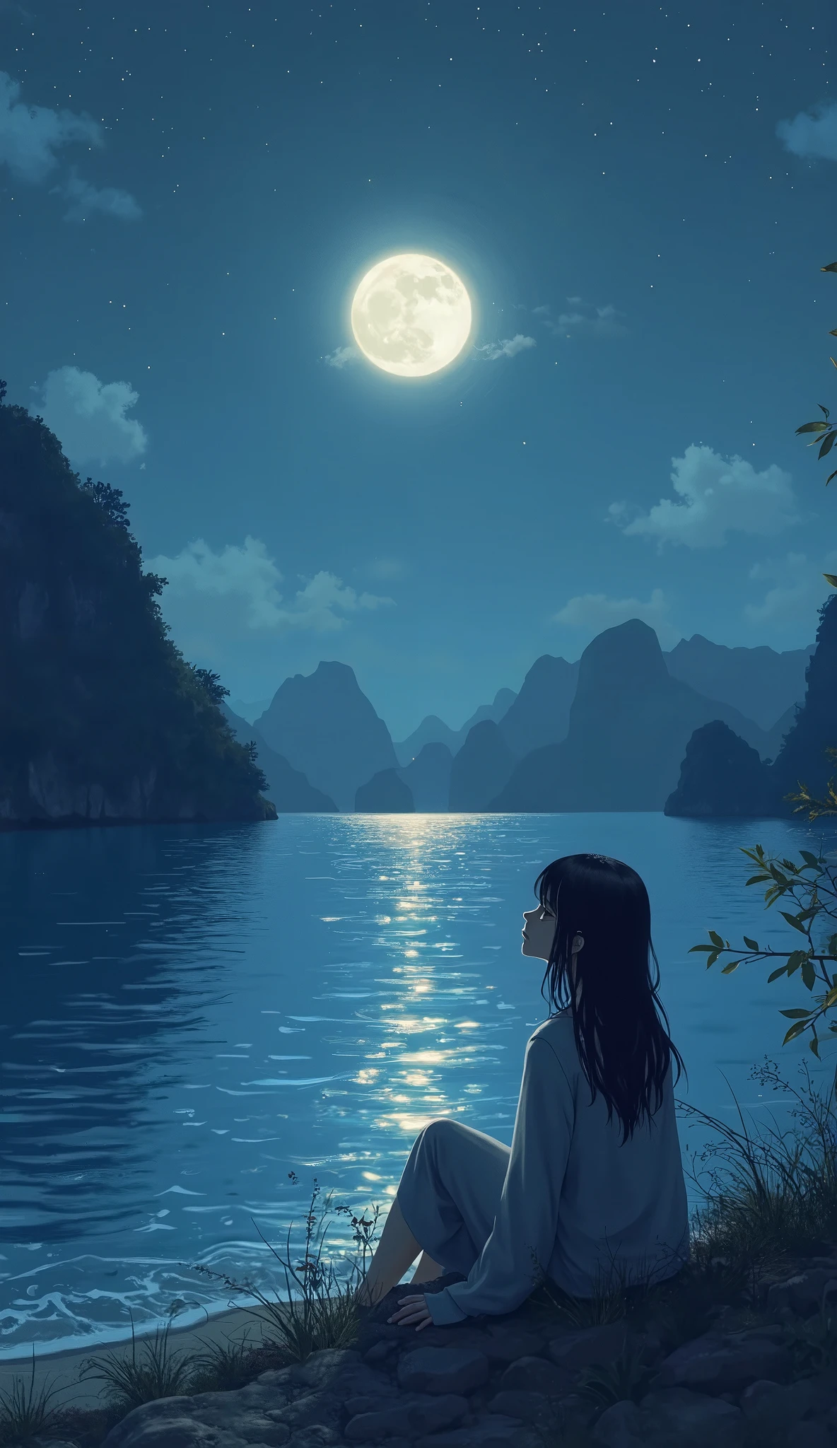 I'm imagining、 Vietnamの night view、Halong Bay、 night viewとともに、 Vietnam、moon明かりで視界が良く良い景色、moon、Bay in front of the sea、quiet night、Digital Illustration、4K high-definition digital art、 night view、 Anime Art 4K Wallpaper 、 Anime Art 4K Wallpaper 、4K detailed digital art、 natural scenery at night 、 Anime Art Wallpaper 8K 、 background artwork、 Stunning 4K Art、4K HD illustration wallpaper woman sitting and crying with anxiety