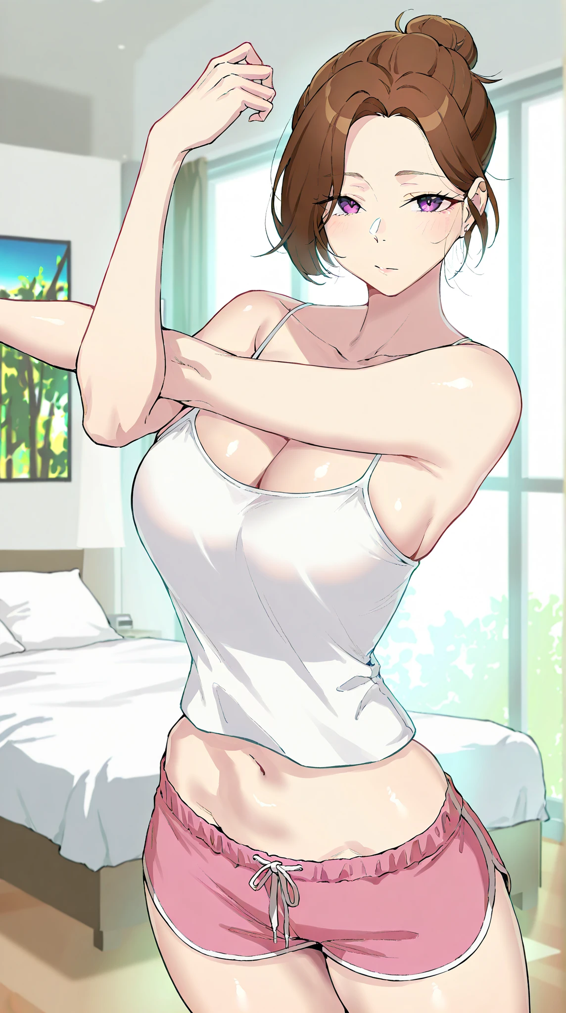 1 girl, milf, purple eyes,tomboy Pixie haircut, spiked hair, spiked hair, very Short hair, wolfcut hair lipstick, cowboy shot, smile, black hair, pubic hair, huge breast, white underwear, white tank top, belly, bedroom