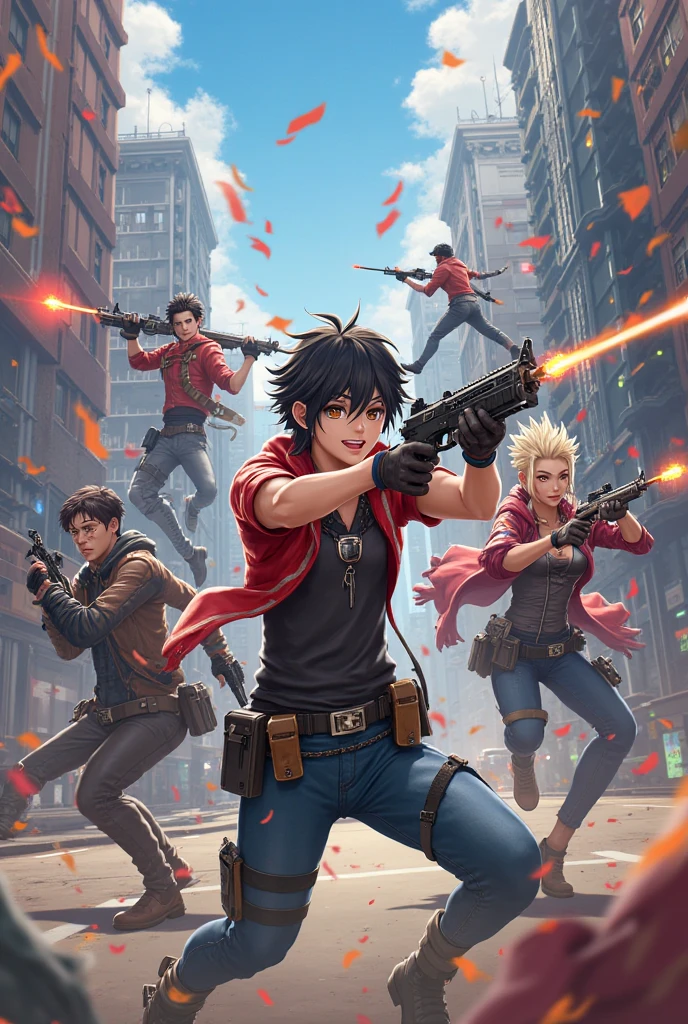 schools,Anime boys,A group of people fighting zombies