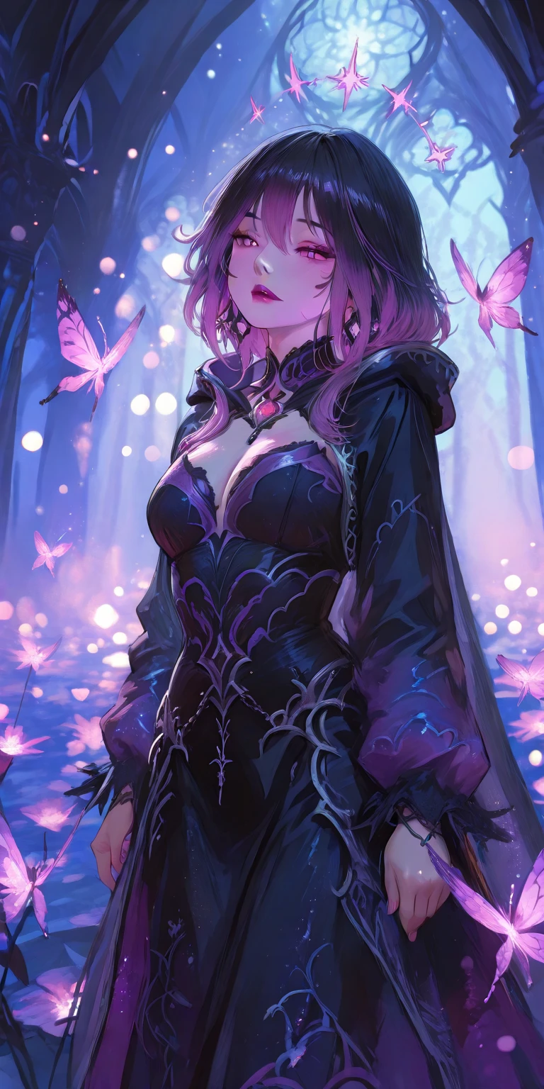 FAIRY QUEEN of the most beautiful artwork in the world, illustration, cinematic light, fantasy, high resolution, high quality, ultra detailed, best quality, masterpiece, (detailed face), woman ) (transparent galaxy) cloth coat, floating cloth, choker, glowing forest plants (oldest underworld fantasy) with neon accents, open shoulders, small glowing butterfly, hair jewelry, wearing a witch hat, (body focus: 1.25), night, small mutated animals in the background, DRESS, a potion on the hip, shoulder pads emitting magical energy, cameltoe, dark, reflection of light