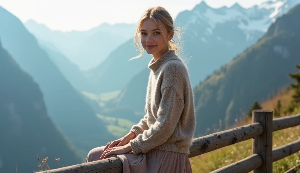 best quality)), ((masterpiece)), (detailed), 1girl, perfect cute face, 16-year-old Korean girl, wearing a yellow hat, blonde curls, green eyes, ultra huge tits, perfect slim body, naked (only wearing a white scarf), pink pussy, sitting on a snow mountain, laughing loudly.