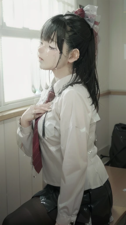 (japanese school girl is being kissed by a middle-aged man violently:1.7),(spread her arms open wide:1.7),(lying on her back:1.7),(on the desk),(school girl has pink nipples,flat chest,white skin,small waist:1.7),(she is skinny and thin:1.6),(black hair:1.5),(pony tail hair:1.5),(torn school uniform,blazer:1.7),(long sleeves:1.5) ,(she is screaming:1.7),(she is crying:1.8),(flowing tears:1.9),(close her eyes:1.6),(hetero:1.7),(resist violentlybdsm:1.8),upper body,looking at viewer