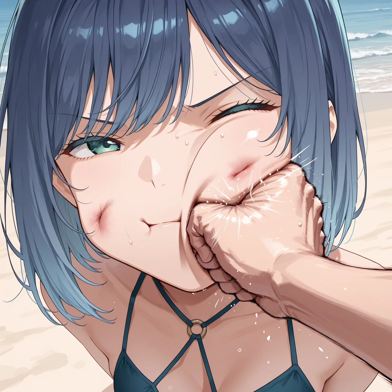 ((masterpiece, best quality)), high resolution,ultra detailed,8k,16k,detailed background, perfect lighting,detailed beautiful eyes,1girl,nsfw,embarrassed,blush,look at viewer,steam,sweat,aroused,seductive eye,(from above,from front:1.2), (pov:1.3),(close up face),portrait,fisheye lens,1boy,1penis,(),(deep fellatideepthroat:1.3)s in mouth),hetero,fain,small breast,silver hair,black eyes,curly ponytale,silver wolf \(honkai: Star Rail\),Hair Ribbon,(tiny,short body,12years old,short legs and arms,shor.2),over size head
,summer,seaside beach,topless