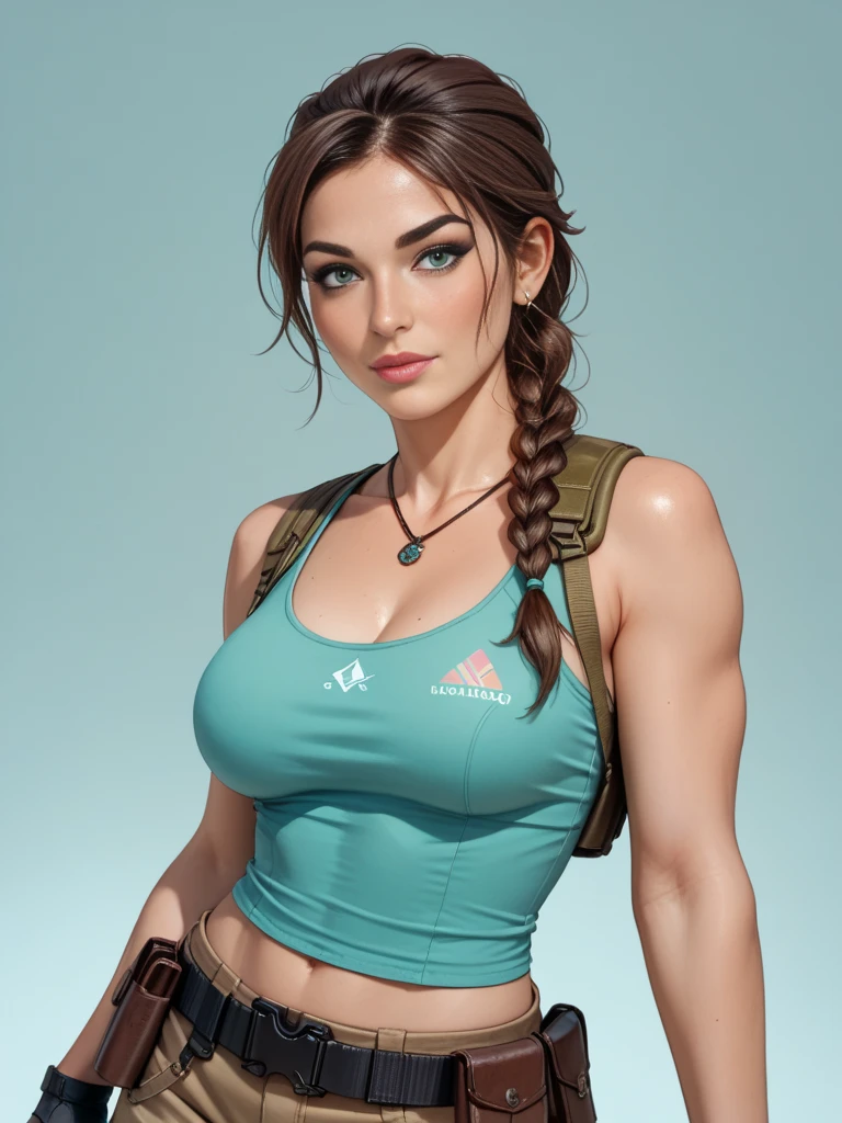 (masterpiece, top quality, best quality, official art, beautiful and aesthetic:1.2), (1girl:1.3), long dark brown hair, ((loose ponytail)), extremely detailed, portrait, looking at viewer, solo, (full body:0.6), detailed background, close up, mischievous green eyes, (warm nature theme:1.1), extremely busty slender brunette, jogging, running, huge lips, cheerful, mysterious, dark grey workout clothes, blue trim, sports bra, racerback, sleeveless, leggings, shorts, ponytail, slender, gigantic breasts, cleavage, skindentation, bouncing breasts, slim waist, slim hips, long legs, modern (city park exterior:1.1) background, bright optimistic lighting, shadows, magical atmosphere, dutch angle