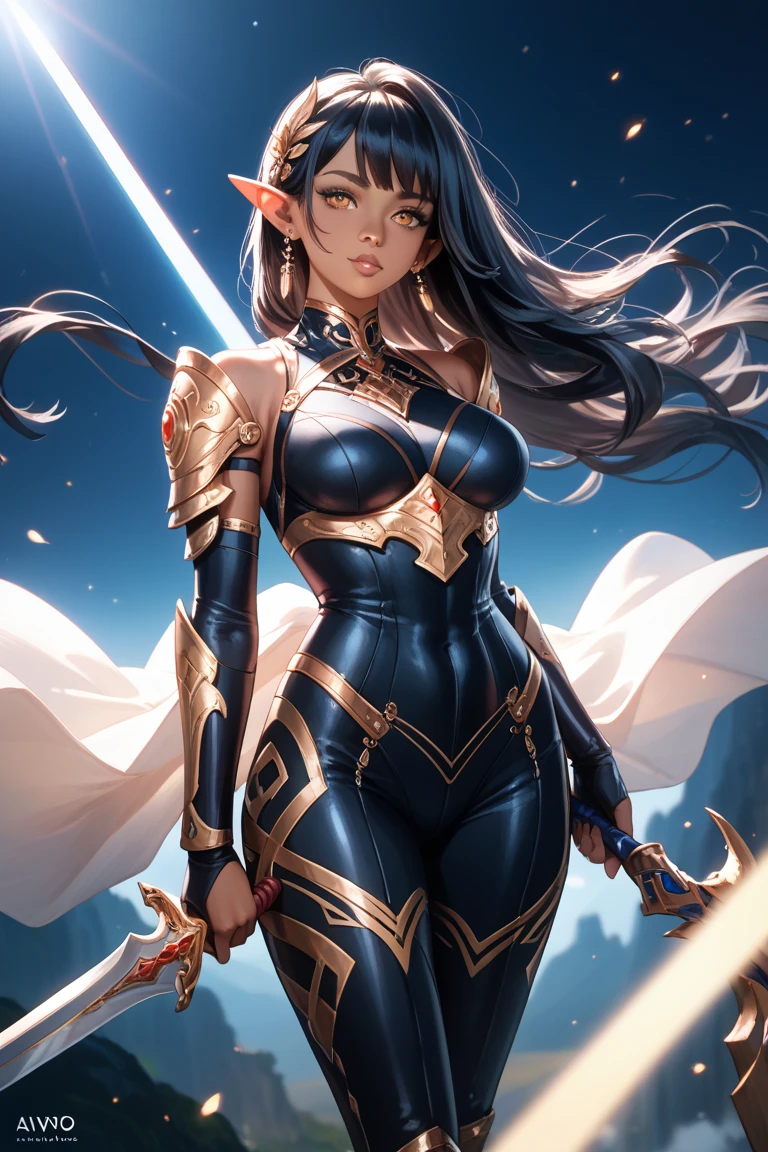 8k_wallpaper, extremely detailed eyes, extremely detailed body, (large masterpiece digital art), (detailed manga illustration), (detailed line art), ((perfect anatomy)), (intricate details:1.3), (ultra-detailed:1.3), (illustration:1.3), (sharp focus:1.3), (natural lighting:1.05), (vivid colors:1.3), (masterpiece), best quality, expressive eyes, perfect face, 1 girl, breasts, gloves, large breasts, {blue hair}, medium hair, wavy hair, (gray eyes), hourglass physique, huge ass, dynamic pose, dynamic lighting, fur trim, hair bun, glowing, crystal, armor, full armor, cuisses, shoulder armor, belt, hand guard, boots, glove, castle background,