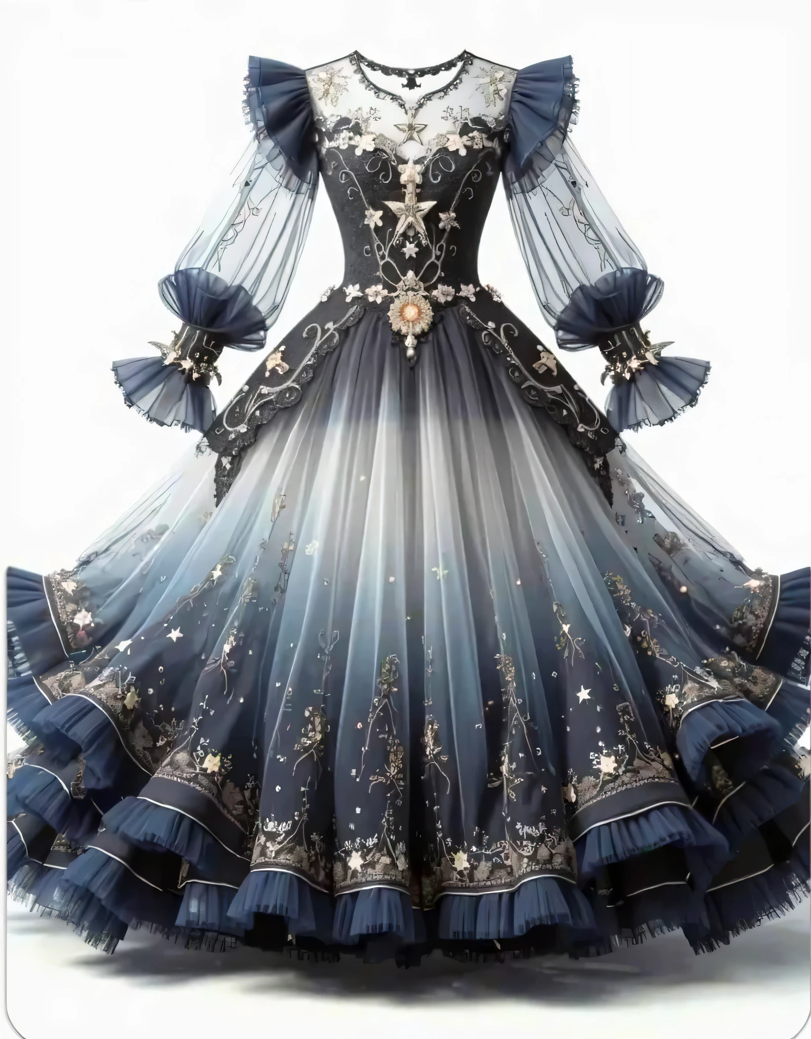 Gown design, Gothic style, princess dress with lace and star embellishments on the skirt of dark blue tulle fabric. The neckline is decorated with delicate stars, while sleeves have ruffled details, creating an elegant atmosphere. It features a full body display against a white background, showcasing its exquisite silhouette and gorgeous appearance. High resolution, detailed depiction, gorgeous color tone., Anime Style