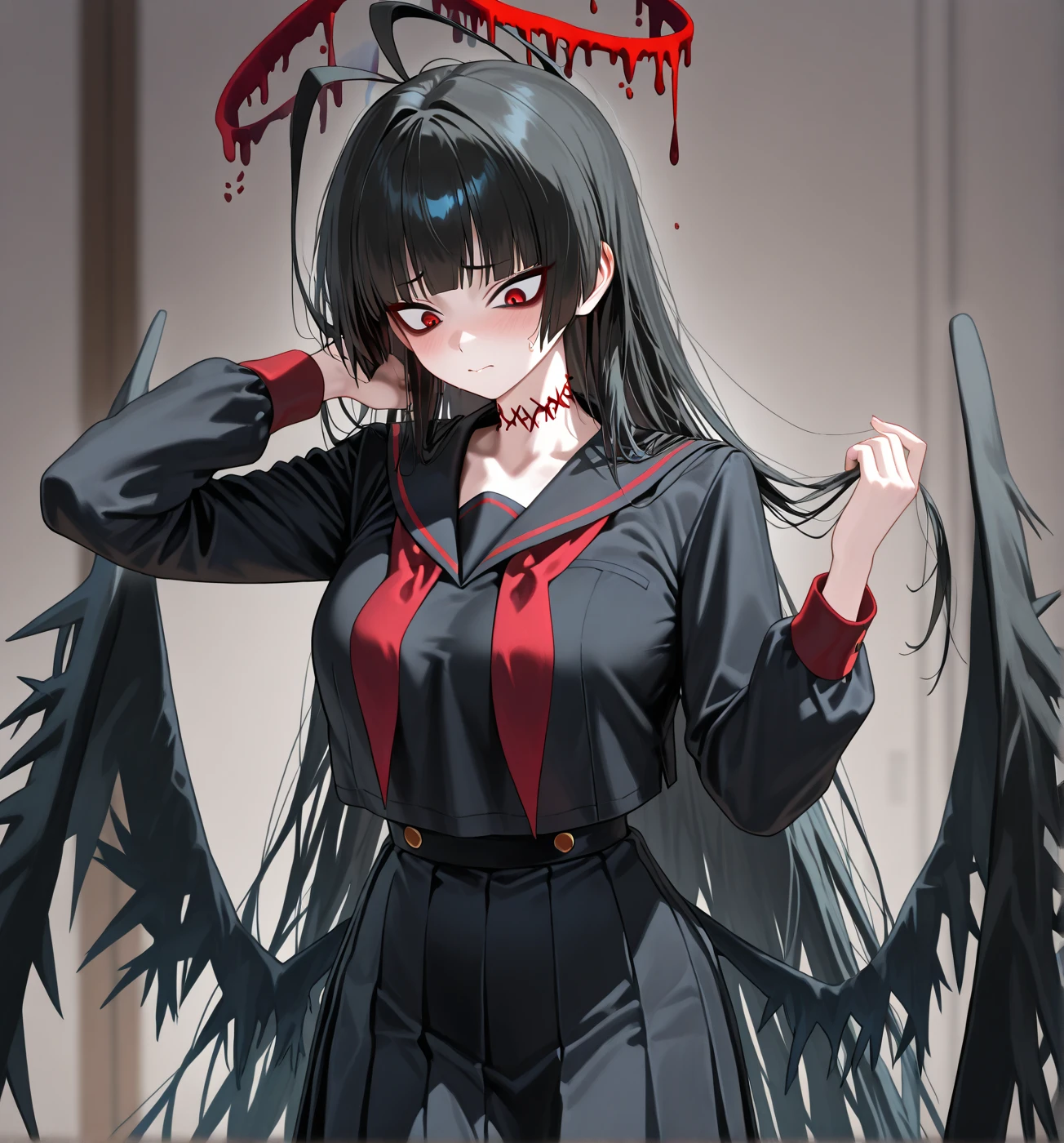 (masterpiece, top quality, best quality, official art, beautiful and aesthetic:1.2), night, dark, angry, school, streaked multicolored hair, blood splatter, blood on clothes and face, knife, horror, messy hair, (pain:1.2), (bloody tears:1.3) <lora:more_details:0.4> <lora:yameroyandere-v2:0.7> crazy smile, crazy eyes, shaded face,yandere, <lora:screaming:0.8> open_mouth, evil, scream, possessed by the devil, constricted pupils, full body, standing,