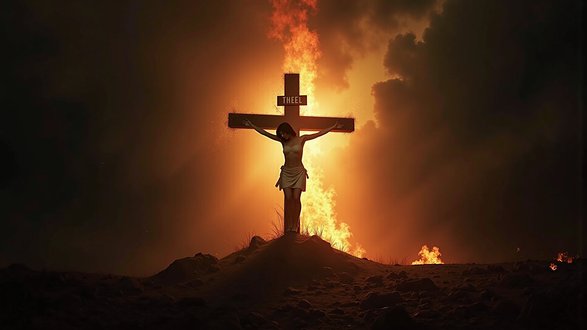 horror,man crucified on a blazing fire in the barren desert ,red hot atmosphere,there was a fire burning behind him.
