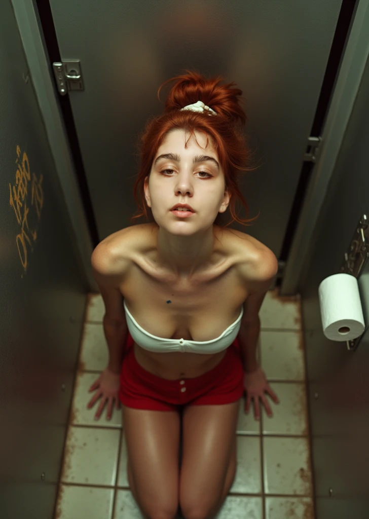 a girl in topless nude in a bathroom sitting legs wide open on the toilets panties on the ankles view down below in the style of Gigi Cavenago and Jeffrey Jones and Albert Beck Wenzell and norman rockwell