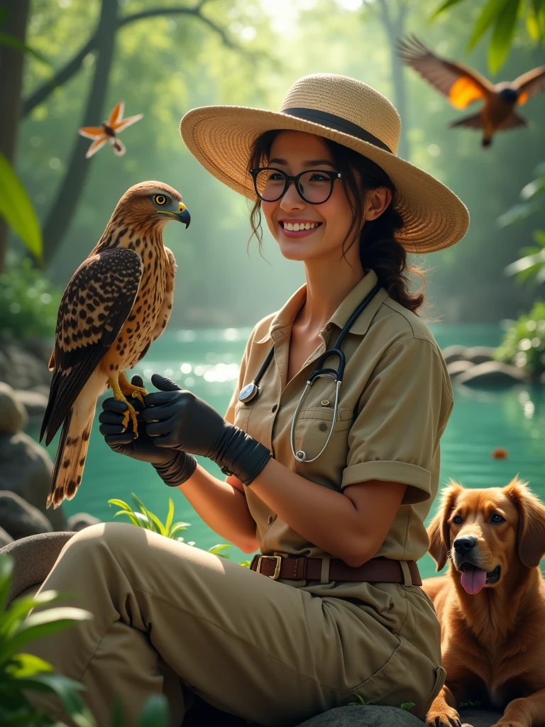 masterpiece level, extremely high detail, surreal realism, bright vivid jungle scene with a female vet dressed in safari attire, brunette with a gentle smile, falcon resting on her arm, various animals around her: dogs, cats, exotic birds, even a raccoon, standing beside a crystal-clear lagoon under a glowing sky, cinematic composition, lush vegetation everywhere, photorealistic textures

