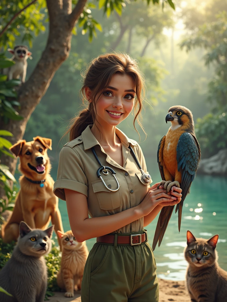 masterpiece level, extremely high detail, surreal realism, bright vivid jungle scene with a female vet dressed in safari attire, brunette with a gentle smile, falcon resting on her arm, various animals around her: dogs, cats, exotic birds, even a raccoon, standing beside a crystal-clear lagoon under a glowing sky, cinematic composition, lush vegetation everywhere, photorealistic textures
