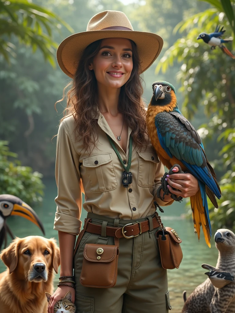 masterpiece level, extremely high detail, surreal realism, bright vivid jungle scene with a female vet dressed in safari attire, brunette with a gentle smile, falcon resting on her arm, various animals around her: dogs, cats, exotic birds, even a raccoon, standing beside a crystal-clear lagoon under a glowing sky, cinematic composition, lush vegetation everywhere, photorealistic textures
