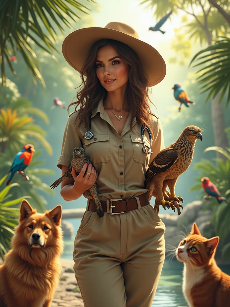 masterpiece level, extremely high detail, surreal realism, bright vivid jungle scene with a female vet dressed in safari attire, brunette with a gentle smile, falcon resting on her arm, various animals around her: dogs, cats, exotic birds, even a raccoon, standing beside a crystal-clear lagoon under a glowing sky, cinematic composition, lush vegetation everywhere, photorealistic textures
