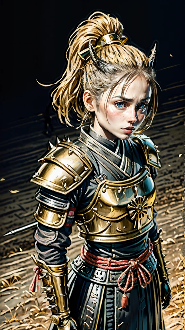 Yume Kawaii, Desperate (Ludivine Sagnier:1.3) , wearing armor, her heavy armor is cropped, at Sunrise, Visual novel, Horror, Indirect light, hyperdetailed, <lora:ral-barbwire:1> ral-barbwire