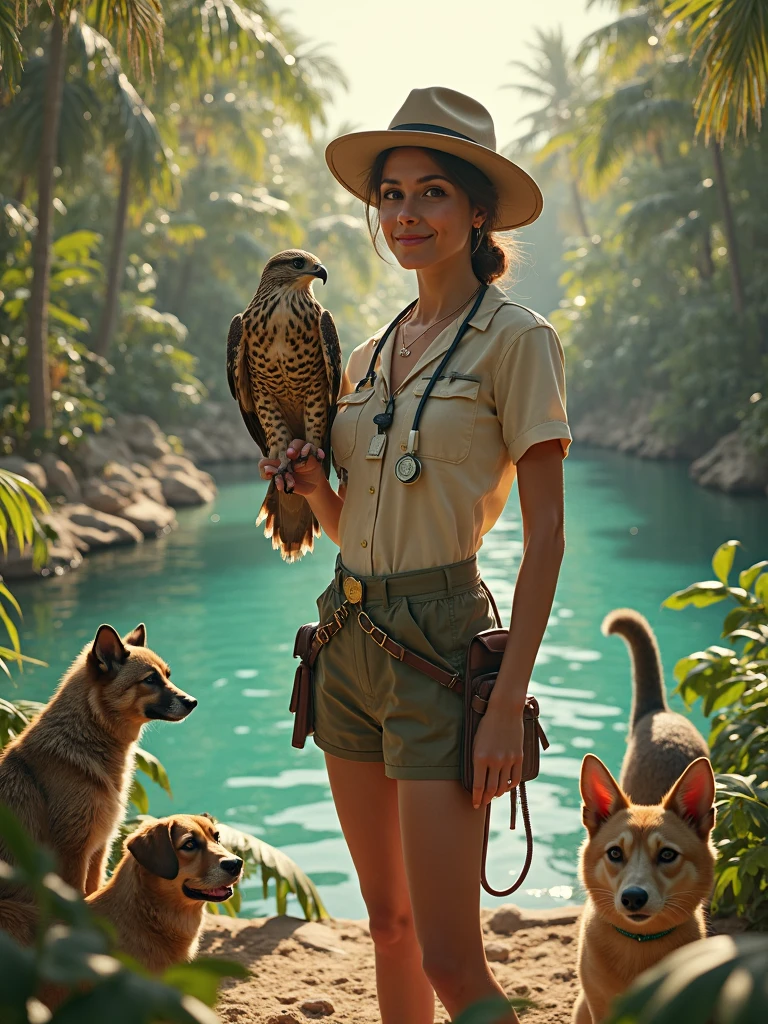 masterpiece level, extremely high detail, surreal realism, bright vivid jungle scene with a female vet dressed in safari attire, brunette with a gentle smile, falcon resting on her arm, various animals around her: dogs, cats, exotic birds, even a raccoon, standing beside a crystal-clear lagoon under a glowing sky, cinematic composition, lush vegetation everywhere, photorealistic textures
