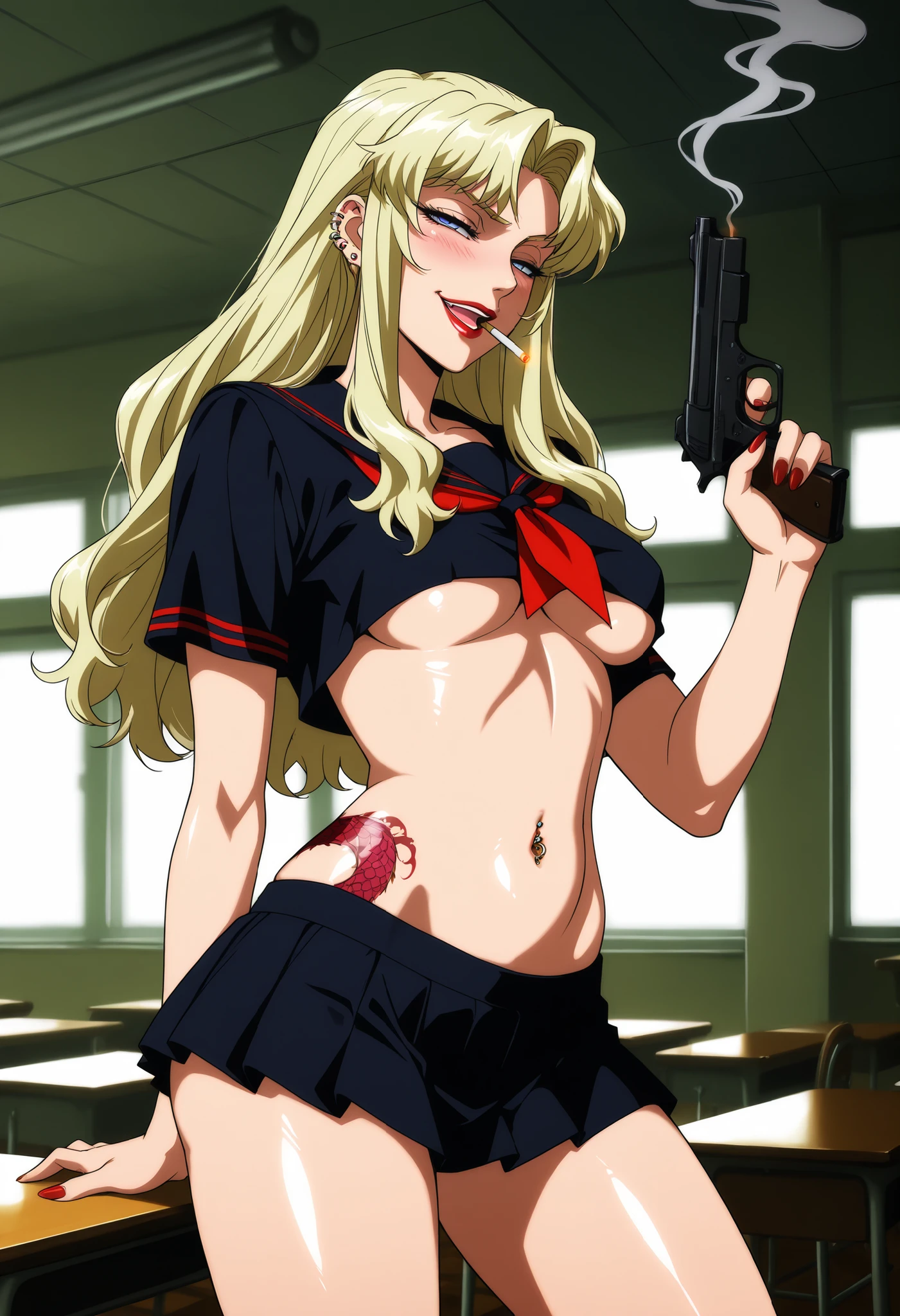 Balalaika 1girl,solo,long hair,blue eyes,blonde hair,sidelocks,, red lips,medium breasts, bad attitude, mean girl, , ear piercing, long hair, blush, lipstick,Hot girl, baddie, smoking, sensual, attractive ,masterpiece, best quality, highly detailed, a girls in sailor uniforms with a gun posing for a picture, evil
smile, smile, open mouth,black_serafuku, (nsfw) not safe for work, ecchi style, high school girls, holding
a gun, hold a gun, micro skirt, exposed belly, exposed navel, exposed midriff, holding pistol,underboob,
exposed lower belly,school, classroom, navel piercing,,dragon tattoo on waist, narrowed eyes,
tattoo on waist,, , shiny skin,