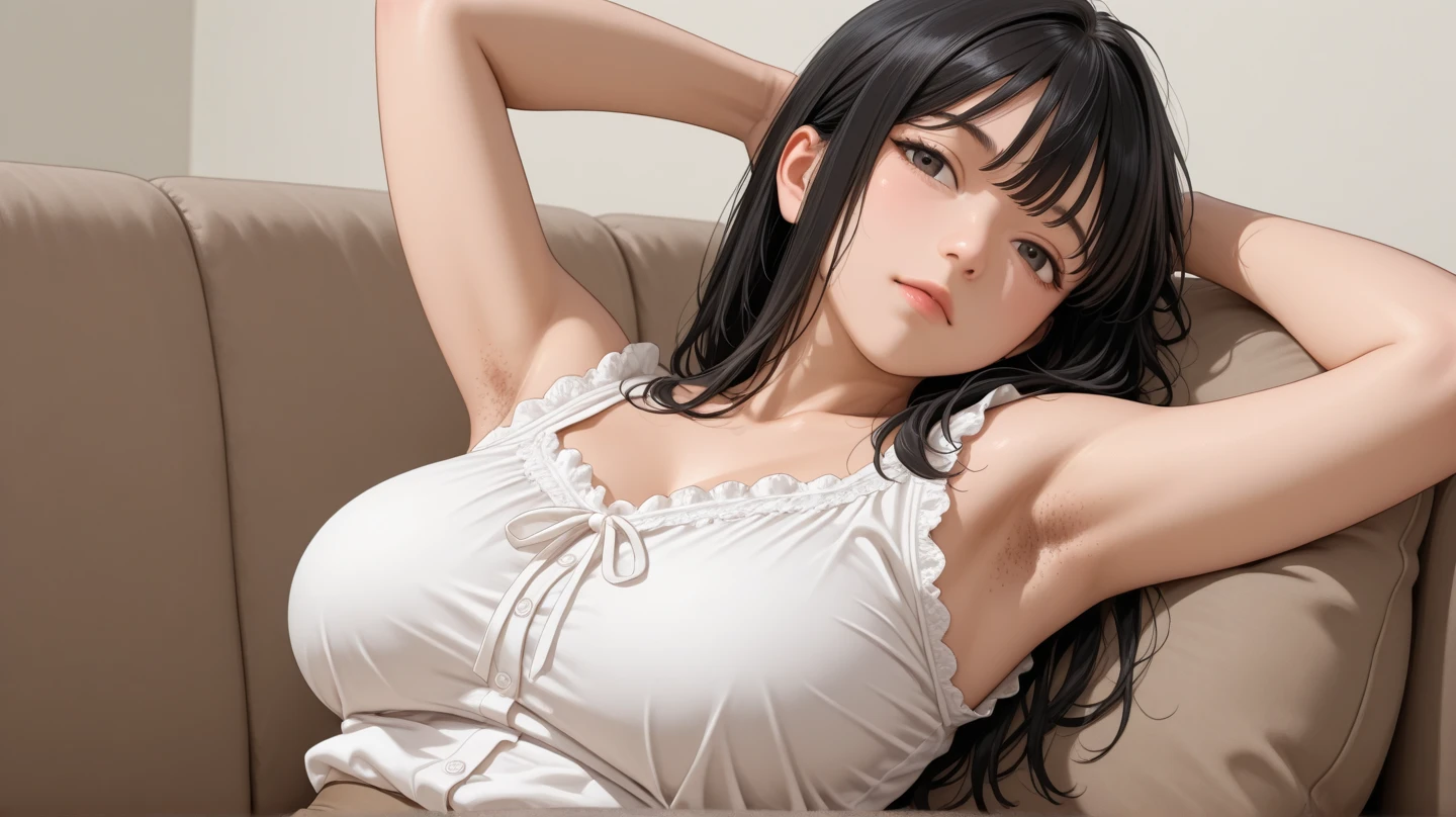 Obra-prima, alta resolução, alta qualidade, rosto detalhado, Detailed view of the body, dedos detalhados, beautiful hands, 1girl, solo, Hyūga Hinata, seios grandes, seios grande, Athletic body, micro bikini, Dark lips, mamilo, standingn, blush, (no quarto)