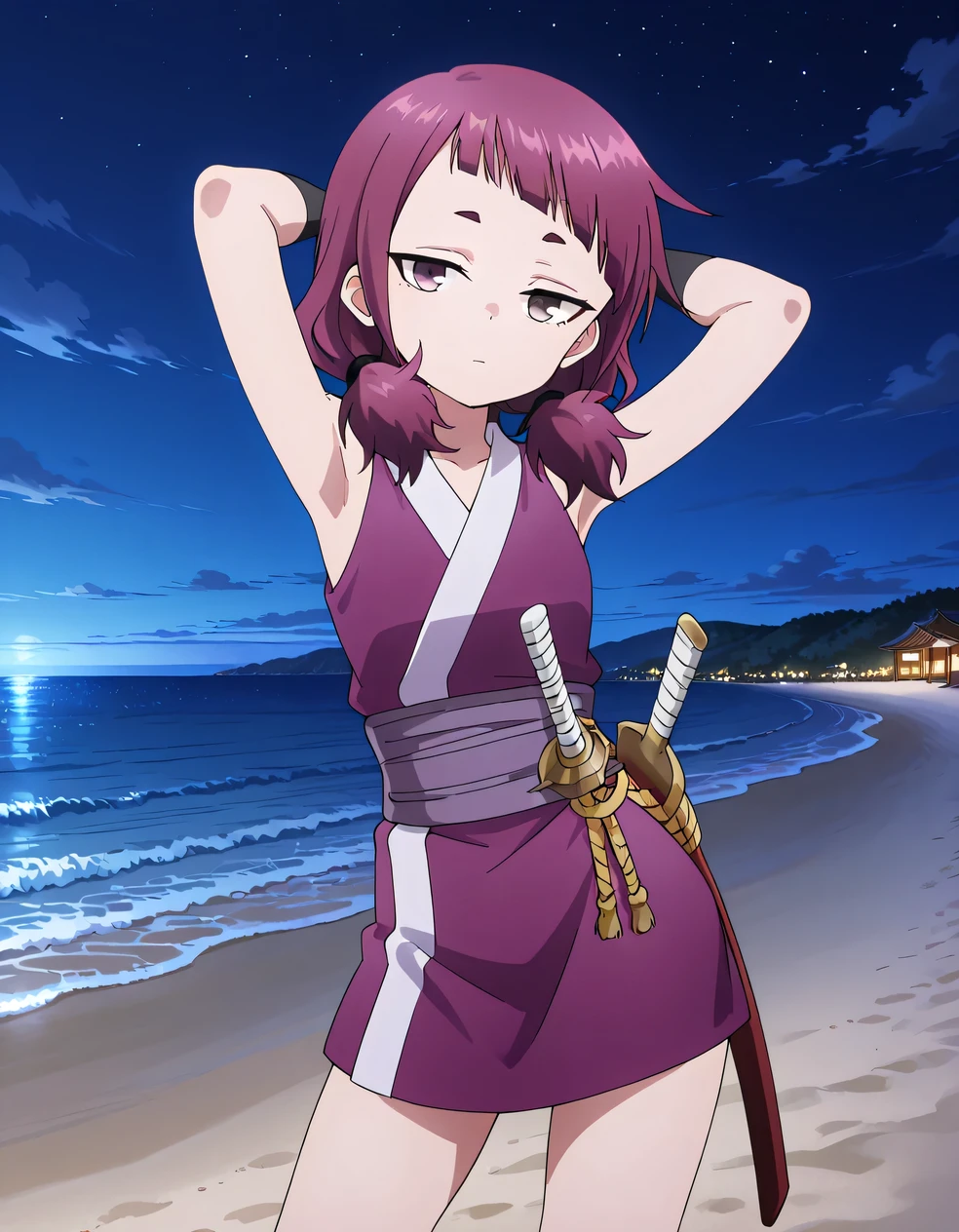 shakuyaku, sleeveless, japanese clothes, hightighs, fingerless gloves, high quality, solo, night sky, beach, hands behind head, ((contrapposto)), closed mouth, cowboy shot, looking at viewer, expressionless, best quality