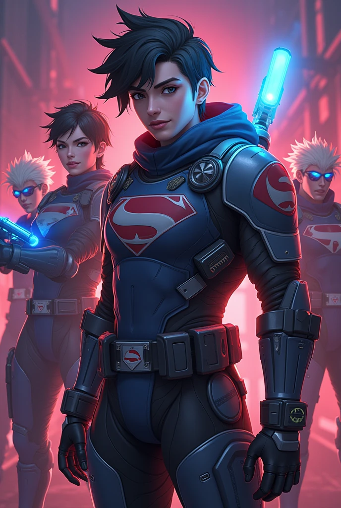 (high resolution, pixel perfect, gorgeous illustrations), (hyper quality, muste piece, etheric: 1.4), ((nsfw)), face focus, ((1girl)), (((Androgynous, boyish))), (((15 years old))), (((((punk))))), hot Rocker punk girl, ((((hand on hip, open stance)))), cool atmosphere, black hair, ((((very_short_hair, slicked_back_hair)))), ((((piercing)))), eyelid_piercing, nose_piercing, (((Exquisite face, aroused))), blush, tattoo, ((((muscular_female)))), (ideal ratio body proportions, slender, small breasts), fighter, ((superhero)), (((highleg_leotard_armor))), (((cameltoe))), sweat, shiny skin, gleaming skin, simple background,