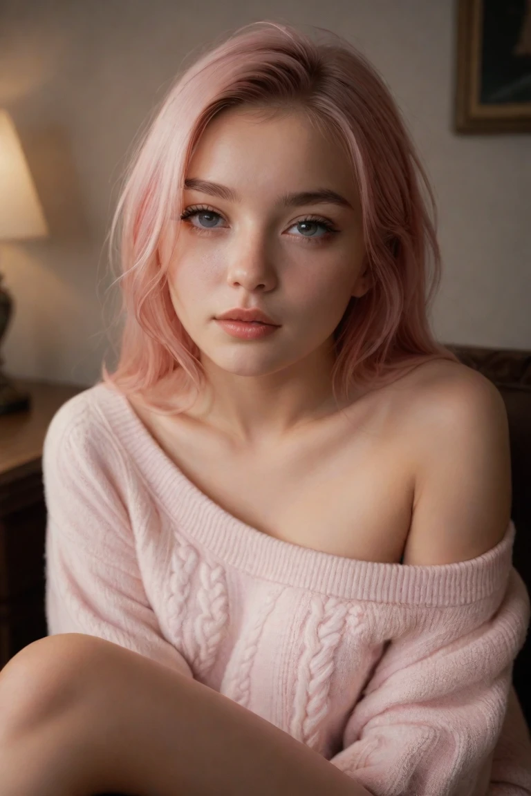 a 24 year old woman with shoulder length pink hair,beautiful detailed eyes,beautiful detailed lips,extremely detailed face,longeyelashes,genuine friendly smile,elegant blue dress,sophisticated restaurant interior,high quality,photorealistic,intricate details,warm lighting,cinematic composition,seamless blending,vibrant colors,lush textures,soft focus background