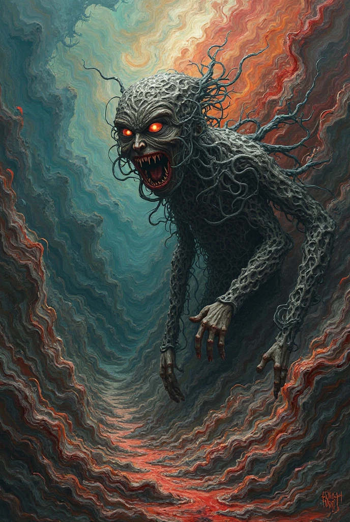 A representation of anxiety, with background fractals, psychedelic colors and the writing "Sweet anxiety"