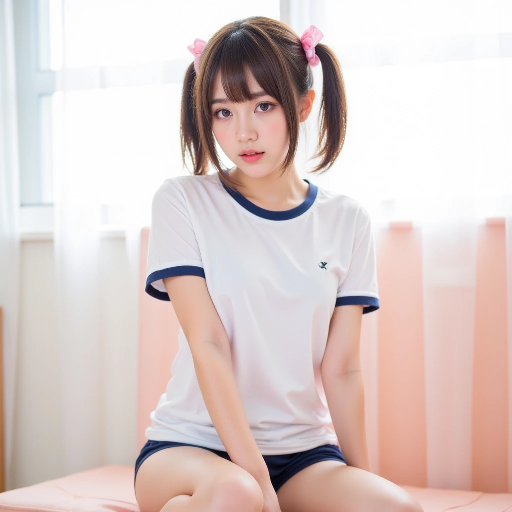 White in Bright Red, (Masterpiece 8K TopQuality:1.2) (ProfessionalPhoto:1.37) ExtremelyDetailed (((PUNIPUNI KAWAII girl in WHITE "SUPER BITCH" Printed T-shirt:1.4))) (Lying FullBody on back from DirectlyAbove) glowing body