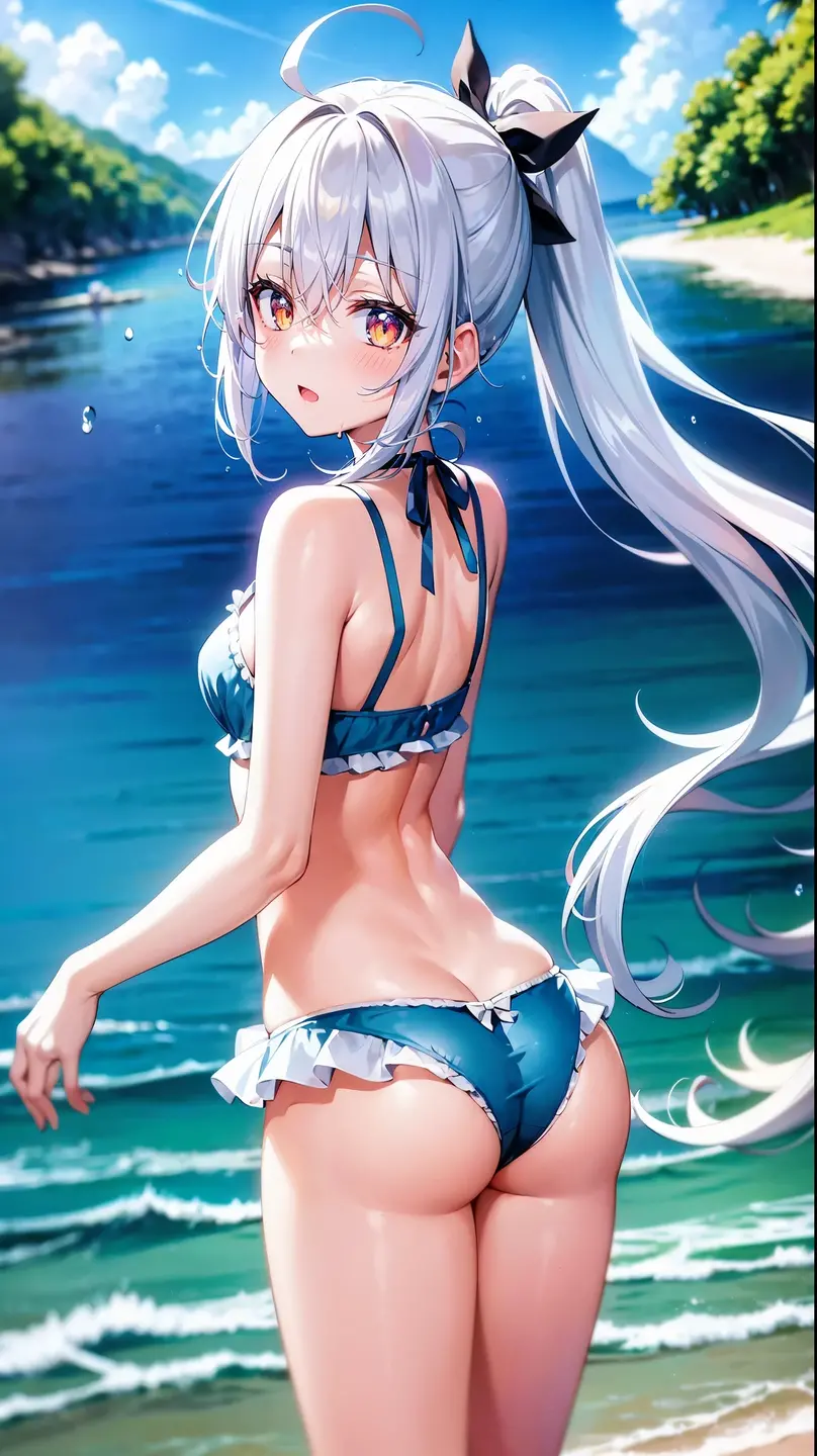 Wet長い髪、Light blue hair、View from behind, Fine grain, sexy,(((極端に小さなマイクロbikini))),bikini, ((A cute butt with a nice shape)), sexy,(Wet), Curved body, ((Butt crack))、Tropical