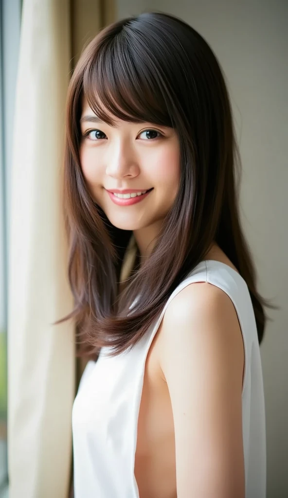 masterpiece,best quality,(Japanese ),((Beautiful girl)),cleavage,indoor,(perfect body beauty:1.2),(shy smile),beautiful teeth,