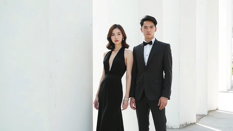 a handsome young Indonesian man with short hair, took a photo together with a beautiful young Indonesian woman with wavy shoulder length hair dressed in elegant formal black. in a photo studio