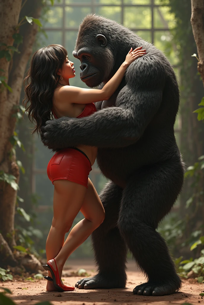Jennifer Lawrence as Katniss Everdeen in lingerie with a giant muscular gorilla, kissing together cutely, unconditional love,whole body,Curvy Body Type,Gentle and calm affectionate posture, lovely kiss, well, very very very high quality image, Kisses are spells without words, 📷 Absence y Rumpleteazer, by Emma Andijewska, pet animal, kissing together, by Amelia Peláez, Cyberpunk, 8k, ultra realistic, ............3D...