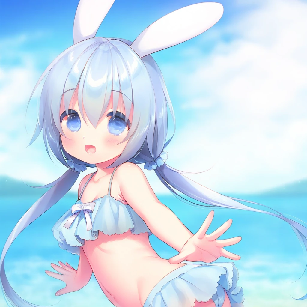 A woman, small breasts, slim, blue eyes, white fur, tight bikini, her nipples are visible, NSFW, on the beach, blushing, many men look at her, bunny