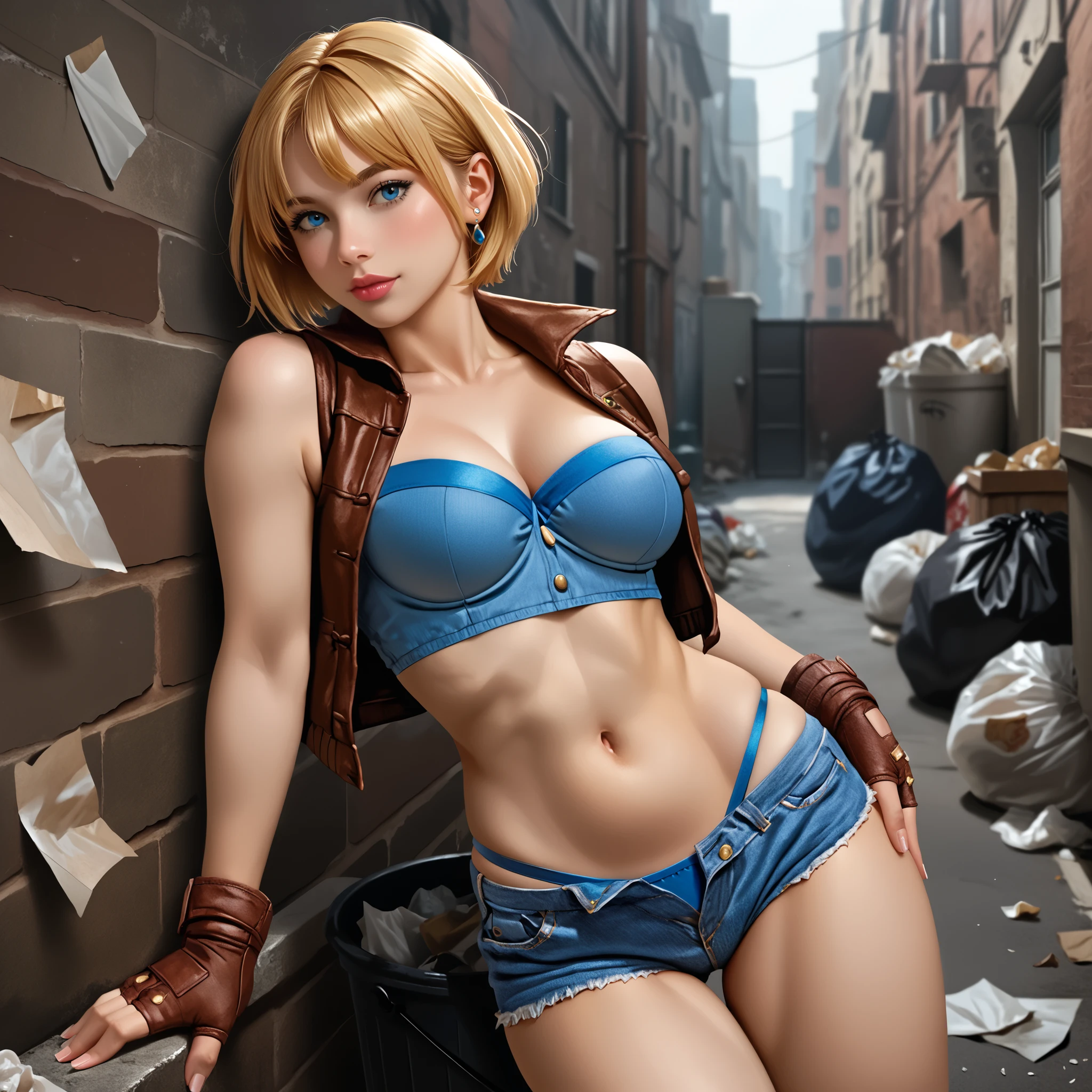 score_9, LuciaSFV, 1girl, short hair, blue denim sports bra, brown vest, brown fingerless gloves, short jeans, low-rise shorts, blue thong straps showing, leaning against a wall, sexy pose, sexy expression, alley of a modern city, place full of trash, several trash bags, several sheets of paper flying, decaying place, day, dynamic angle, absurd, realistic, high quality, detailed