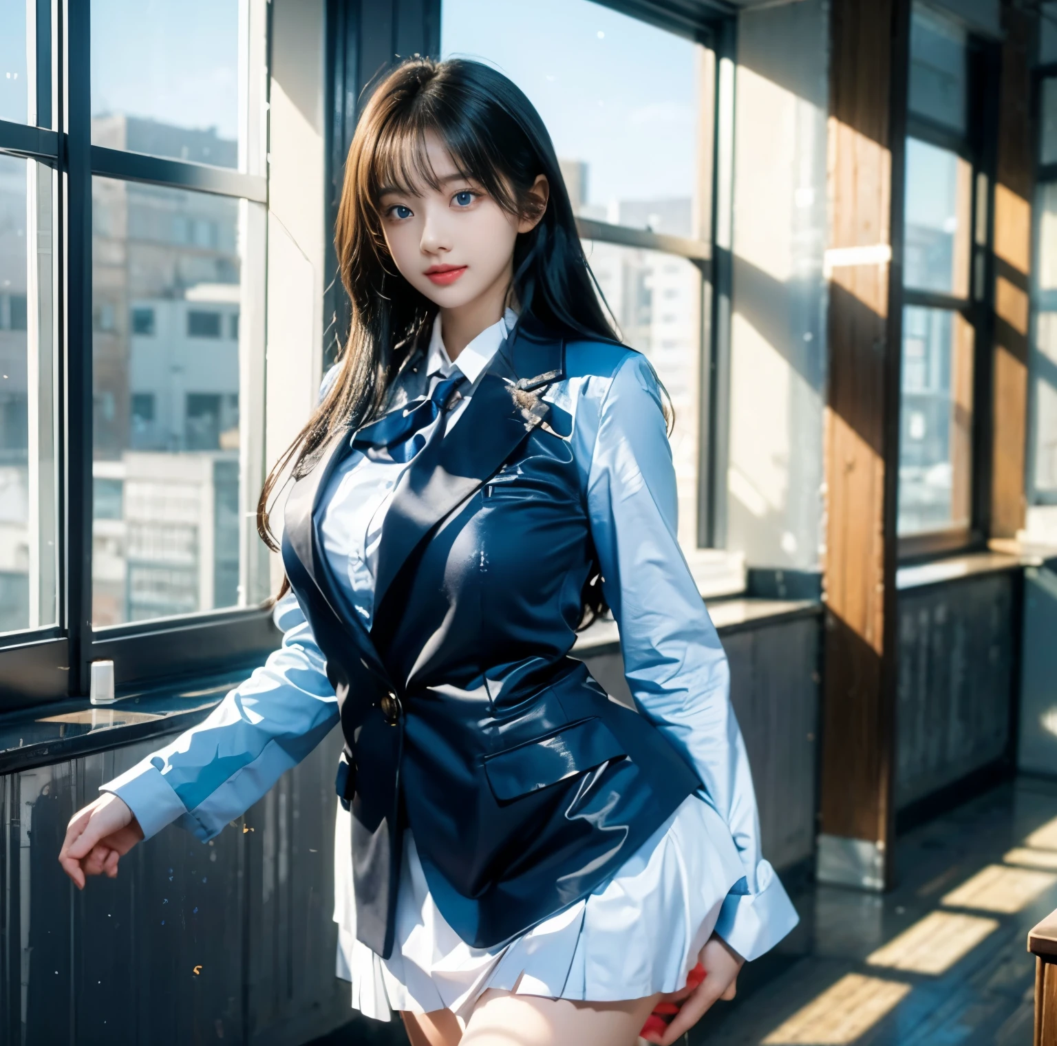 Photorealistic, High resolution, Soft light,1womanl, Solo, hips up high, (Detailed face),The tattoo, Jewelry, Current School Classrooms,On the podium,Wear a uniform、(Black flared skirt),Bigchest,low chest, Long hair、((poneyTail))、((up skirt))、((mix4))、((appearance々color panty abe々Colored hair))