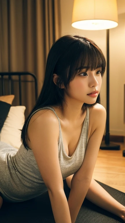 (masterpiece:1.2, highest quality), (realistic, photorealistic:1.4), beautiful illustrations, (natural side lighting, movie lighting), Depth of written boundary, 
looking at the viewer, (face focus, Upper body), Front view, 1 girl, Japanese, high school girl, 17 years old, perfect face, Cute symmetrical face, shiny skin, 
(bob hair:1.7), asymmetrical bangs, Big eyes, droopy eyes, long eyelashes chest), thin, 
beautiful hair, beautiful face, fine and beautiful eyes, beautiful clavicle, beautiful body, beautiful breasts, beautiful thighs, beautiful feet, beautiful fingers, 
(beautiful scenery), evening, (bed room), 
