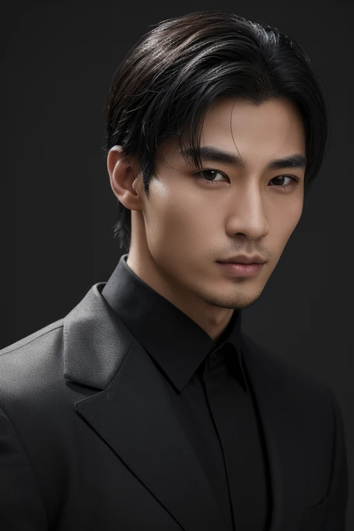 A Korean man,age 25,Cao Cao,1.80 tall,black hair in Comma hair style,skin fair,eyes black,with a black blouse,black belt and black pants,with a jacket on your arm.