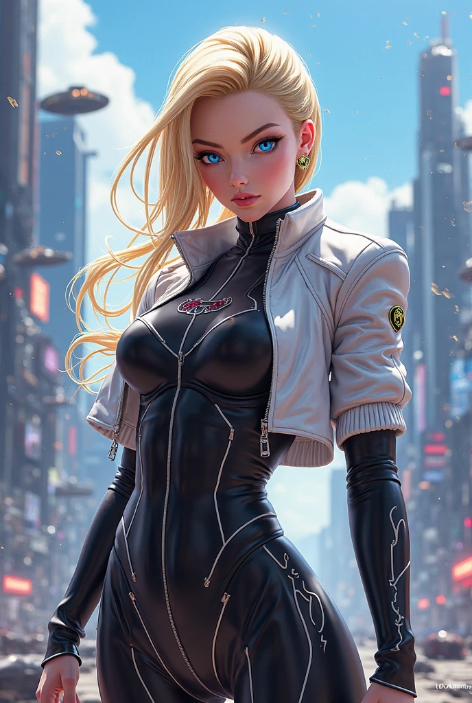 full body of a cute anime girl with short white hair, bent over, offering, very deep cleavage, clear eyes, tonned girl, parted lips, puffy lips, ultrarealistic eyes, pink lipstick, (black tight bodysuit: 1), masterpiece, (best quality:1,5), perfect lighting, very detailed, uhd, hdr, city background, big anime eyes, fix eyes, fix lips, ultrarealistic anime style