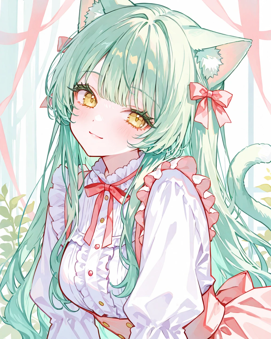 Best Quality, Ultra High Resolution, 1girl, sleeveless white buttoned shirt, black skirt, black collar, cute, (Kpop idol), (aegyo sal:1), (platinum blonde: 1), (puffy eyes)), looks in front of the audience, full body, facing forward, cat ears, sitting on bed