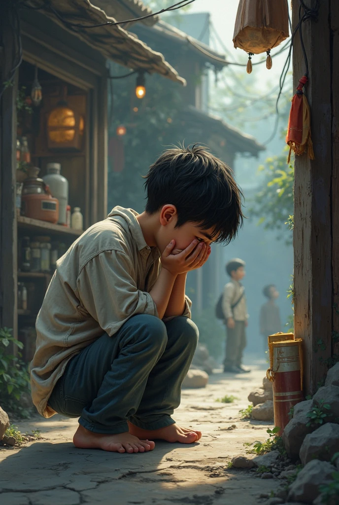 A sad little boy is on his roof