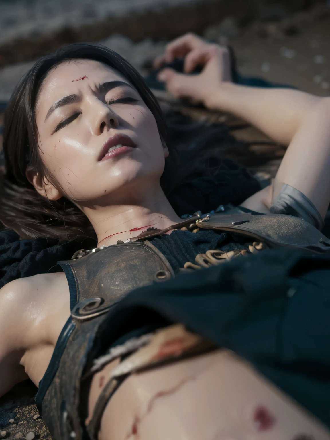 lying on the ground, Unconscious, eyes closed , underwear, Torn, Covered in scars, Bleeding, Torn服, dirt, high resolution, masterpiece, Bruises, dirt, sweat, photo real